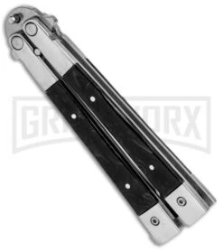 Noble Flipper Black Marble Balisong Butterfly Knife - Satin Plain -Elite Knives Shop Butterfly Black Marble Inlay BHQ 81120 jr side large