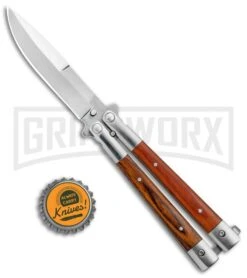 Noble Flipper Wood Balisong Butterfly Knife - Satin Plain -Elite Knives Shop Butterfly Wood Handle Inlay Polished BHQ 81122 jr bottlecap large