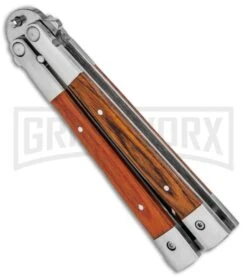 Noble Flipper Wood Balisong Butterfly Knife - Satin Plain -Elite Knives Shop Butterfly Wood Handle Inlay Polished BHQ 81122 jr side large