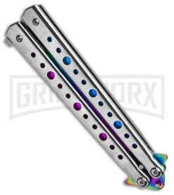 Chalkhill Balisong Rainbow Butterfly Knife - Dotted Silver Handle With Purple -Elite Knives Shop Chalkhill Balisong Rainbow Butterfly Knife Dotted Silver Handle With Purple GX 37646 td side large