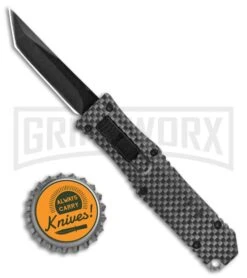 Mini Marvel Sim. Carbon Fiber HL OTF Automatic Knife - Black Tanto Blade -Elite Knives Shop Coffin Blaster Sim CF DA OTF Auto Tanto Black GX 33815 jr bottlecap large