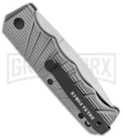 Delta Force Automatic Knife Gray Aluminum - Satin Serrated -Elite Knives Shop Delta Force Auto Gray Aluminum Satin Serr GX 35356 jr side large