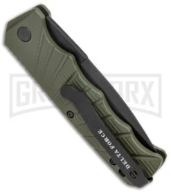Delta Force Automatic Knife OD Green Aluminum Drop Point - Black Plain -Elite Knives Shop Delta Force Auto Knife Green Aluminum Black GX 38060 jr side large