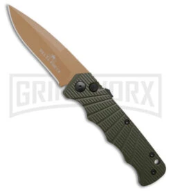 Delta Force Automatic Knife OD Green Aluminum Drop Point - Tan Plain