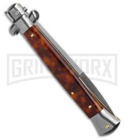 Frank B 11" Italian Stiletto Brown Acrylic Automatic Knife - Bayonet -Elite Knives Shop Frank B 11in Italian Stilleto Brown Acrylic AK Bayonet GX 41441 td sIDe large