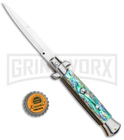 Frank B. 9" Italian Stiletto Abalone Automatic Knife - Bayonet -Elite Knives Shop Frank B 9in Italian Stiletto Auto Dagger Abalone Satin GX 6370 jr bottlecap large