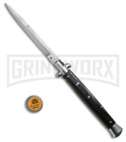 SKM 13" Dark Horn Italian Stiletto Automatic Knife - Bayonet Satin Plain -Elite Knives Shop Frank B. 13in Stiletto Bayonet Dark Horn BP 3467 jr bottlecap large