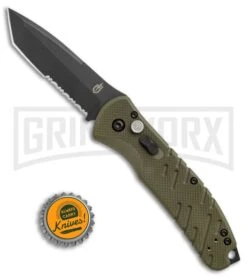 Gerber Propel Downrange OD Green Automatic Knife - Tanto Black Serr -Elite Knives Shop Gerber Auto Propel Downrange OD green black serr BHQ 67394 er size large