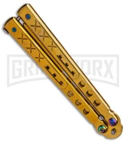 Gold Balisong Trainer Butterfly Knife - Gold Dull -Elite Knives Shop Gold Balisong Trainer Butterfly Knife Gold Finish GX 37657 td side large