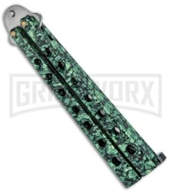 Scoundrel Speckled Green Balisong Butterfly Knife Kriss - Satin Plain -Elite Knives Shop Green Speckled Balisong Butterfly Knife Satin Kriss GX 37357 jr side large