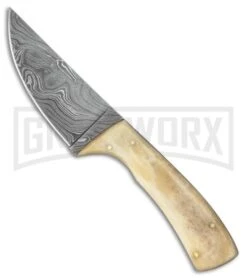 Tallen Belly Skinner Smooth White Fixed Blade Knife - Damascus Plain