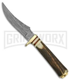 Rite Edge Warden Brown Stag Fixed Blade Knife - Damascus Plain