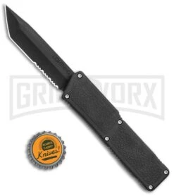 Lightning Black D/A Tanto OTF Automatic Knife - Black Serr -Elite Knives Shop Lightning Black DA Tanto OTF Auto Black Serr GX 35508 jr bottlecap large