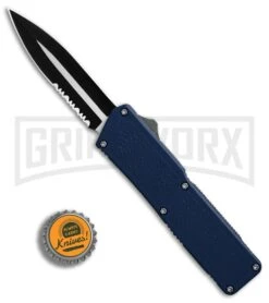 Lightning Blue D/A OTF Automatic Knife - Dagger Two-Tone Serr 4TH18 -Elite Knives Shop Lightning Blue DA Dagger Two Tone Serr BP 30343 er bottlecap large