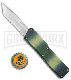 Lightning D/A Green Camo Aluminum OTF Automatic Knife - Tanto Satin Serr -Elite Knives Shop Lightning Camo DA OTF Auto Tanto Satin Serr GX 38985 jr bottlecap large