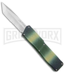 Lightning D/A Green Camo Aluminum OTF Automatic Knife - Tanto Satin Serr