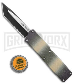 Lightning Camo D/A OTF Automatic Knife Tanto-Two Tone Black Serr -Elite Knives Shop Lightning Camo DA OTF Auto Tanto TT Serr GX 39141 jr bottlecap large
