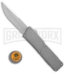 Lightning Gray D/A OTF Automatic Knife - Satin Serr -Elite Knives Shop Lightning Gray DA satin serr BP 20487 er bottlecap large