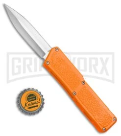 Lightning Orange D/A OTF Automatic Knife - Dagger Satin Plain -Elite Knives Shop Lightning Orange DA OTF Dagger Satin Plain BP 22815 bottlecap large