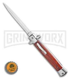 Mago 11" Wood Italian Stiletto OTF Automatic Knife - Satin Dagger Plain -Elite Knives Shop Mago 11 Wood Italian Stiletto OTF Automatic Knife Satin Dagger Plain GX 36513 LS Bottlecap large