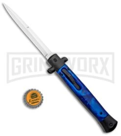 Mago 11" Blue/Black Italian Stiletto OTF Automatic Knife - Bayo Satin -Elite Knives Shop Mago 11in Blue Black Italian Stiletto Bayo Satin GX 33970 jr bottlecap large