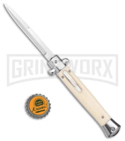 Mago 11" Sim Ivory Italian Stiletto OTF Automatic Knife W/O Clip- Bayo Satin -Elite Knives Shop Mago 11in Sim Ivory Italian Stiletto Auto no Clip Bayo Satin GX 39553 jr bottlecap large