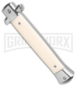 Mago 11" Sim Ivory Italian Stiletto OTF Automatic Knife W/O Clip- Bayo Satin -Elite Knives Shop Mago 11in Sim Ivory Italian Stiletto Auto no Clip Bayo Satin GX 39553 jr side large
