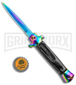 Mago 9" Italian Stiletto OTF Auto Knife Black Acrylic Rainbow Bolster - Spectrum -Elite Knives Shop Mago 9in Black Acrylic Italian Stiletto OTF Auto Rainbow Bolster Rainbow Bayo GX 38621 jr bottlecap large