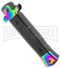 Mago 9" Italian Stiletto OTF Auto Knife Black Acrylic Rainbow Bolster - Spectrum -Elite Knives Shop Mago 9in Black Acrylic Italian Stiletto OTF Auto Rainbow Bolster Rainbow Bayo GX 38621 jr side large