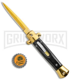 Mago 9" Black Acrylic Italian Stiletto OTF Automatic Knife - Gold Bayonet -Elite Knives Shop Mago 9in Black Gold Marble Italian Stiletto OTF Auto Gold Bolster Gold Bayo GX 38620 jr bottlecap large
