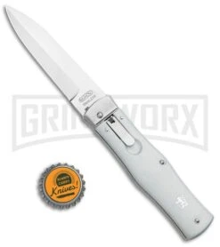 Mikov 241 Predator ABS Gray Automatic Leverlock Knife - Satin Bayo -Elite Knives Shop Mikov 241 Predator LL Auto ABS Gray Bayo BHQ 92883 jr bottlecap 2 large
