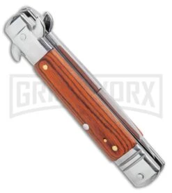 Milano 7.5" Lever Lock Automatic Knife Rosewood - Bayonet Satin -Elite Knives Shop Milano 7.5 Lever Lock Automatic Knife Rosewood Bayonet Satin GX 33519 ns side large