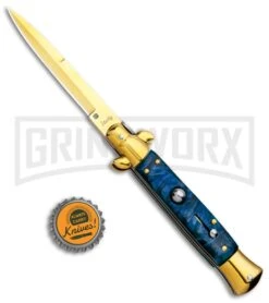 Milano 9" Italian Stiletto Blue Swirl Automatic Knife - Bayonet Gold -Elite Knives Shop Milano 9in Italian Stiletto Blue Swirl Auto Bayo Gold GSE019GDMBL GX 33535 jr bottlecap large