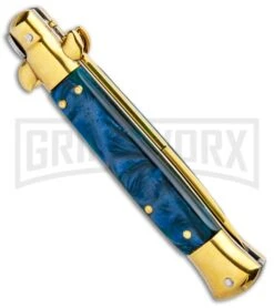 Milano 9" Italian Stiletto Blue Swirl Automatic Knife - Bayonet Gold -Elite Knives Shop Milano 9in Italian Stiletto Blue Swirl Auto Bayo Gold GSE019GDMBL GX 33535 jr side large