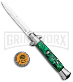 Milano 9" Italian Stiletto Green Swirl Automatic Knife - Bayonet Satin -Elite Knives Shop Milano 9in Italian Stiletto Green Swirl Auto Bayo GSE019MGRN GX 33524 jr bottlecap large