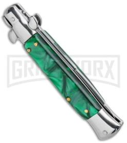Milano 9" Italian Stiletto Green Swirl Automatic Knife - Bayonet Satin -Elite Knives Shop Milano 9in Italian Stiletto Green Swirl Auto Bayo GSE019MGRN GX 33524 jr side large