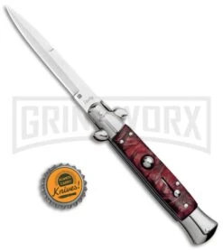 Milano 9" Italian Stiletto Red Swirl Automatic Knife - Bayonet Satin -Elite Knives Shop Milano 9in Italian Stiletto Red Swirl Auto Bayo Satin GSE019MRD GX 33536 jr bottlecap large