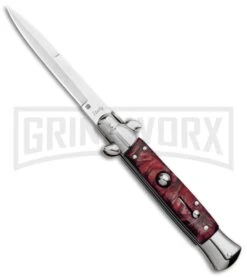 Milano 9" Italian Stiletto Red Swirl Automatic Knife - Bayonet Satin