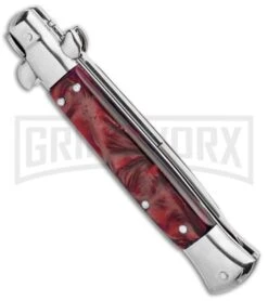 Milano 9" Italian Stiletto Red Swirl Automatic Knife - Bayonet Satin -Elite Knives Shop Milano 9in Italian Stiletto Red Swirl Auto Bayo Satin GSE019MRD GX 33536 jr side large