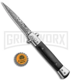 Milano 9" Stiletto Black Wood Automatic Knife - Bayonet Sim Damascus -Elite Knives Shop Milano 9in Stiletto Black Wood Auto Bayo Sim Damascus GSE018LSL GX 33502 jr bottlecap large