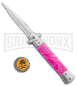 Milano 9" Stiletto Pink Acrylic Automatic Knife - Bayonet -Elite Knives Shop Milano 9in Stiletto Pink Acrylic Auto Bayo GX 35314 jr bottlecap large