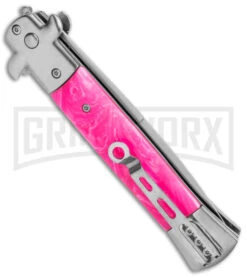 Milano 9" Stiletto Pink Acrylic Automatic Knife - Bayonet -Elite Knives Shop Milano 9in Stiletto Pink Acrylic Auto Bayo GX 35314 jr side large