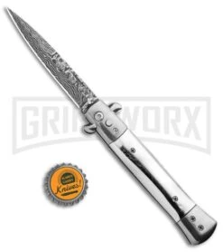 Milano 9" Stiletto Silver Automatic Knife - Bayonet Sim Damascus -Elite Knives Shop Milano 9in Stiletto Silver Auto Bayo Sim Damascus GSE018LSL GX 33505 jr bottlecap large