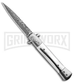Milano 9" Stiletto Silver Automatic Knife - Bayonet Sim Damascus