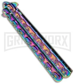 Rainbow Skull Balisong Drop Point Butterfly Knife -Elite Knives Shop Rainbow Balisong Drop Point Butterfly Knife GX 37604 td side large