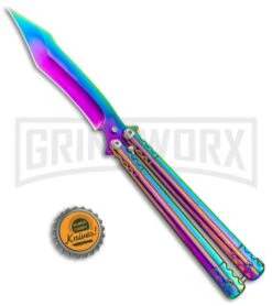 Rainbow Balisong Tanto Compound Butterfly Knife - Rainbow Plain -Elite Knives Shop Rainbow Bone Balisong DP Compound Butterfly Knife BF 201 2 GX 37590 jr bottlecap large