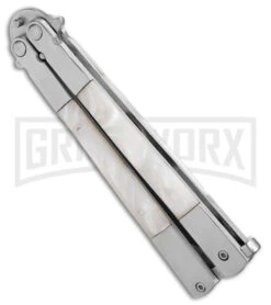 Regal Flipper White Swirl Balisong Butterfly Knife - Satin Plain -Elite Knives Shop Regal Flipper White Swirl Balisong Butterfly Satin BHQ 177230 jr side large