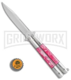 Regal Flipper Balisong Pink Swirl Acrylic Butterfly Knife - Satin Plain -Elite Knives Shop Regal Flipper pink swirl acrylic satin plain BP 22056 er bottlecap large