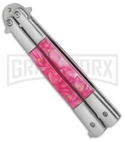 Regal Flipper Balisong Pink Swirl Acrylic Butterfly Knife - Satin Plain -Elite Knives Shop Regal Flipper pink swirl acrylic satin plain BP 22056 er spine large