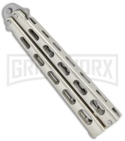 Ronin Gear Silver Balisong Trainer Butterfly Knife - Satin Plain -Elite Knives Shop Ronin Gear Silver Balisong Trainer Butterfly Satin GX 37347 jr side large